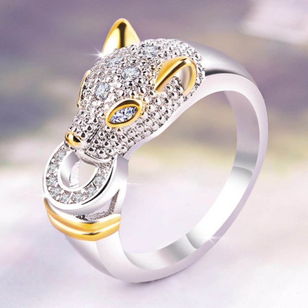 NEW White&Yellow Gold Diamond Panther Cat Ring